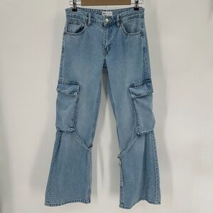 ZARA Cargo Flare Jeans Womens US 4 Blue Cotton Denim Utility Adjustable Straps